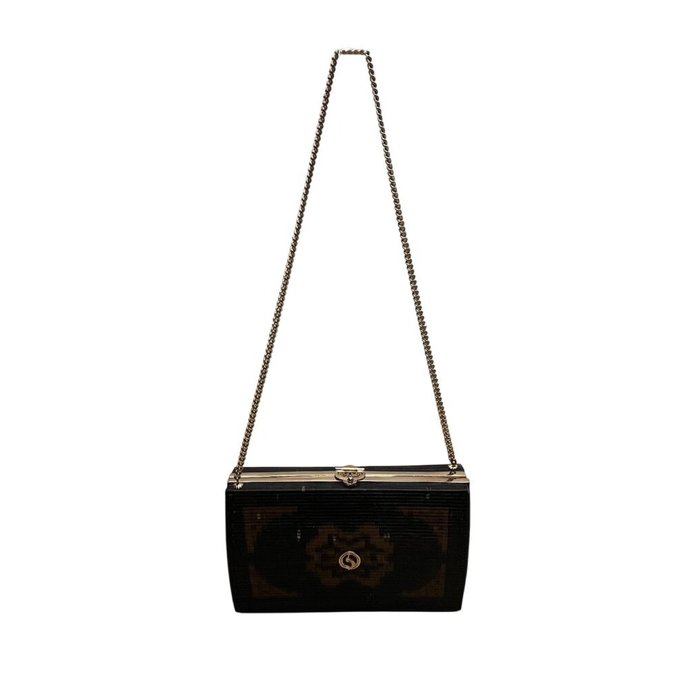 Handcrafted Women’s Black & Brown Chain Strap Woven Pattern Hardcase Clutch Bag